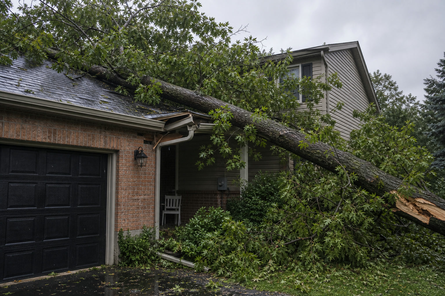 Fallen tree on residential structure