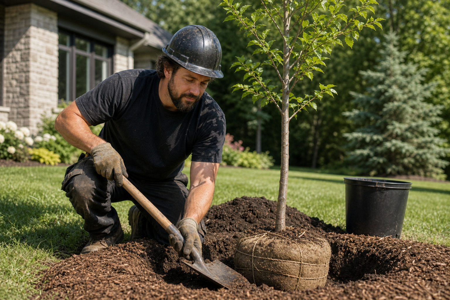 Canadian Lumberjack crew member planting a young tree