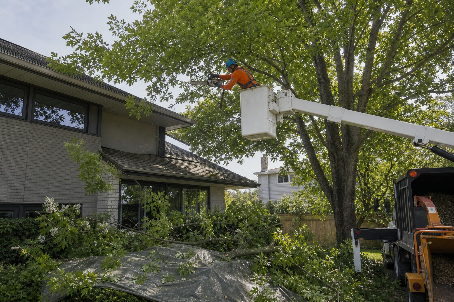 Arborist pruning branches near a house roofline